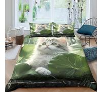 Cute Kitten in Pluie Linge de Lit 3 Pièces 3D Imprimée Microfibre Hypoallergique Whimsical Animal Art Ensemble De Literie avec 2 Taies d'oreiller Hypoallergique for Chambre à Coucher King（220x240cm）