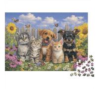 Cute Kittens and Puppies Garden Puzzle 1000 Pièces Cadeau Unique Jeu Éducatif Défi Jouet À De Qualité Supérieure Peinture Art pour Adultes Enfants 52x38cm/1000pcs