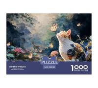 Cute Kitty Plying with Butterfly 1000 Pcs Carton Premium Coffret De Puzzles White and Grey Kitten Stimulant Et Éducatif Jeu Familial Puzzles As Birthday Gifts 52x38cm/1000pcs
