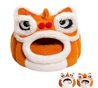 Cute Lion Dance Head Shape Pet House, Soft Plush Hooded Cat Cave with Removable Cushion, Calming Sleeping Pet Bed, Warm Indoor Pets Nest for Winter, Suitable for Cats & Small Dogs (Brown, L)