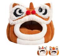Cute Lion Dance Head Shape Pet House, Soft Plush Hooded Cat Cave with Removable Cushion, Calming Sleeping Pet Bed, Warm Indoor Pets Nest for Winter, Suitable for Cats & Small Dogs (Coffee, L)