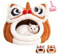 Cute Lion Head Pet Beds for Cats,Soft Cozy Plush Cat House & Dog Cave with Cushion for Small Medium Cats Dogs,Semi-Enclosed Festival Themed Warm Nest (Dark Coffee, L:50*50*42cm/19.69*19.69*16.54in)