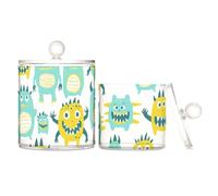 Cute Little Monsters Lot de 2 organiseurs de rangement en plastique transparent avec couvercle, petits bacs de rangement décoratifs pour cotons-tiges, cotons-tiges, cure-fil, trombones