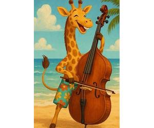 Cute Notebook for Kids - Funny Animal Musicians - Giraffe Plays the Double Bass - Lined Pages - 100 Pages - 6" x 9"