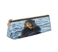 Cute Otters in The Sea Trousse à Crayons Trousse à cosmétiques Pochette à stylos Sac de Rangement Triangulaire en Cuir Organisateur de Papeterie à glissière pour Bureau d'adultes