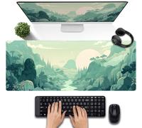 Cute Pastel Mint Green Forest Sage Desk Mat Anime Large Gaming Mouse Pad XL, Aesthetic Sunrise Laptop Computer Keyboard Mouse Mat, Women Office Desk Decor Cover Mat with Stitched Edges 31.5"x11.8"