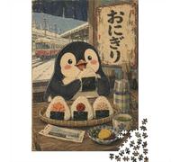 Cute Penguin Eating Onigiri at Station Puzzle en Bois, 1000 pièces
