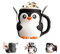 Cute Penguin Porte-pinte à crème glacée mignon, avec 2 cuillères, 473 ml, avec fente pour cuillère, tiroir secret, coque de crème glacée réutilisable (noir)