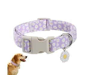 Cute Pet Collar for Cats Dogs, Purple Daisy Print Quick Release Buckle, Adjustable Wide Webbing with Decorative Charm, Spring Summer Outdoor Everyday Wear, Small Medium