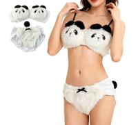 Cute Plush Bear Gathered Padded Bra and Panty Set,Plush Seductive Lingerie Underwear Brief,Cozy Animal Design Warm Bra Set (Panda White, XL)