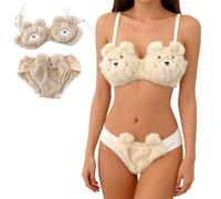 Cute Plush Bear Gathered Padded Bra and Panty Set,Plush Seductive Lingerie Underwear Brief,Cozy Animal Design Warm Bra Set (Bear White, XL)