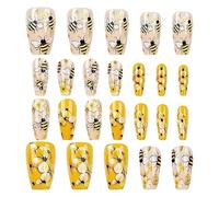 Cute Press on Nails, Sturdy Glue Nails Girls, Set of 24 Piece Heavy Duty Compact Design Manicure Art Accessories, Bee Flower Fake Fingernails for Dating, Travel and Birthday