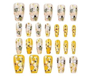 Cute Press on Nails, Sturdy Glue Nails Girls, Set of 24 Piece Heavy Duty Compact Design Manicure Art Accessories, Bee Flower Fake Fingernails for Dating, Travel and Birthday