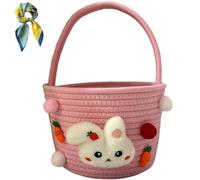 Cute Rabbit Easter Basket with Handle,Soft & Durable Woven Bunny Themed Easter Basket,Lightweight Seasonal Activity Accessory,for Egg Hunts ＆ Candy Storage,Holiday Table Decorations (Pink)