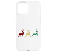 Cute Reindeers Buffalo Plaid Snowflakes Green Red Golden Coque pour iPhone 15
