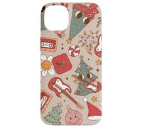 Cute Retro Christmas Pattern Tree Smiling Groovy Music Beige Coque pour iPhone 14 Plus