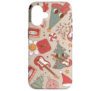 Cute Retro Christmas Pattern Tree Smiling Groovy Music Beige Coque pour iPhone 16
