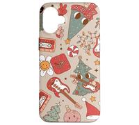 Cute Retro Christmas Pattern Tree Smiling Groovy Music Beige Coque pour iPhone 16 Plus