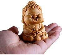 Cute Small Buddha Statue Wooden Buddha Sitting on Lotus Figurine Religious Ornaments for Home Office Desktop Decoration