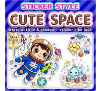 CUTE SPACE: BOLD & EASY COLORING BOOK: 50+ Fun Sticker Style Designs for Kids, Adults & Seniors. Simple Large Print Illustrations for Relaxation, ... Perfect Gift for Girls & Boys who love Space