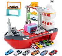 cute stone Bateau Cargo avec portique, lumières et Sons, Coffret de Jeu Comprenant 6 conteneurs, 12 Voitures de Course en métal moulé sous Pression, Bateau de Jeu d'imitation pour Enfants.