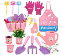 CUTE STONE kit Jardinage Enfant, Outils Jardinage Enfant, Outils De Jardin Inclus Pelle, Rateau,Tablier, Arrosoir, Gant, Autocollants DIY, Kit de Jardinage pour Garçons et Filles(Rose)