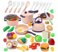 CUTE STONE Mini Accessoire Cuisine Enfant 51pcs, Jeu de Cuisine Imaginaire avec casseroles, poêles, ustensiles, Fruits et légumes à découper, Cadeau éducatif pour Tout-Petits, Filles et garçons.