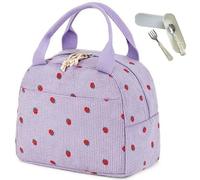 Cute Strawberry Insulated Lunch Bag for Women & Men - Reusable Corduroy Lunch Tote, Large Capacity Leakproof Cooler Bag for Work, Picnic, Travel - Aesthetic Bento Lunch Box with Front Pocket (Style E)