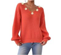 Cute Sweater for Womens Long Sleeve V Neck with Flower Decoration Tops Loose Lantern Sleeve Blouses Fashion Casual Top
