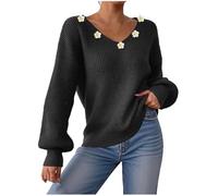 Cute Sweater for Womens Long Sleeve V Neck with Flower Decoration Tops Loose Lantern Sleeve Blouses Fashion Casual Top