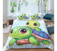 Cute turtle duo Linge de Lit 3D Effet Microfibre 3 Pièces Hypoallergique Cartoon animal illustration Ensemble De Literie avec Taie d'oreiller Facile d'entretien for Chambre Adulte Single（135x200cm）