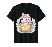 Cute Unicorn Easter Egg Hatching Golden Floral Daisy T-Shirt