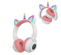 Cute Unicorn Kids Casque Bluetooth avec lumières LED - Casque supra-auriculaire sans fil avec Bluetooth 5.0, rechargeable, design pliable pour filles, cadeaux pour anniversaires, école et voyage