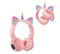 Cute Unicorn Kids Casque Bluetooth avec lumières LED - Casque supra-auriculaire sans fil avec Bluetooth 5.0, rechargeable, design pliable pour filles, cadeaux pour anniversaires, école et voyage (rose