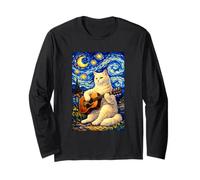 Cute White Cat Playing Guitar Whimsical Art Music Camping Manche Longue
