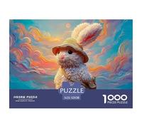 Cute White Rabbit Plush Toy 1000 Pcs Carton Extra-épais Coffret De Puzzles Traveler Bunny with Hat Anti-Stress Jeu Familial Puzzles pour Adultes Et Enfants 52x38cm/1000pcs