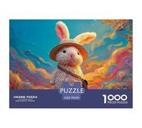 Cute White Rabbit Plush Toy 1000 Pcs Carton Extra-épais Coffret De Puzzles Traveler Bunny with Hat Stimulant Et Éducatif Jeu Créatif Puzzles pour Adultes Et Enfants 70x50cm/1000pcs