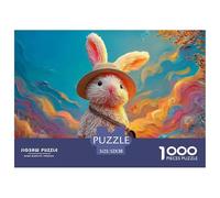 Cute White Rabbit Plush Toy 1000 Pcs Carton Extra-épais Coffret De Puzzles Traveler Bunny with Hat Stimulant Et Éducatif Jeu Familial Puzzles As Birthday Gifts 52x38cm/1000pcs