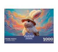 Cute White Rabbit Plush Toy 1000 Pcs Carton Premium Coffret De Puzzles Traveler Bunny with Hat Stimulant Et Éducatif Jeu Créatif Puzzles pour Adultes Et Enfants 38x26cm/1000pcs