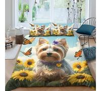 Cute Yorkshire Terrier Parure de Lit Microfibre 3 Pièces 3D Imprimée Hypoallergique Floral Garden Art Linge de Lit avec Fermeture Éclair Ultra Douce for Adultes Enfants King（220x240cm）