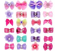 CUTEABC Lot de 24 nœuds pour poils de chien avec bandes en caoutchouc - Accessoires pour poils de petits chiens - Nœuds pour oreilles de chien - Nœuds en dentelle en organza - Nœuds en strass et