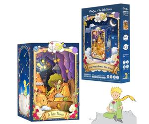 CUTEBEE Book Nook - Le Petit Prince Planète & Rose Maquette 3D Bois | Maquette 3D officielle du Petit Prince - scène miniature avec rose sous cloche, planète B-612 et éclairage LED chaud.