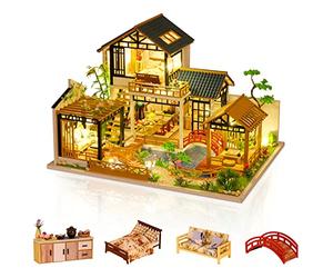 Cuteefun DIY Maison Miniature a Construire, Kit de Maison de Poupées Miniatures vec Meubles Musique, Cadeau de Modèle de Maison d'Artisanat Bricolage(Cour Verte)