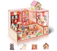 Cuteefun Maison Miniature DIY Kit, Maison Poupee Bois avec LED, Construction à Tenons et Mortaises, Facile à Assembler, Cadeaux d'anniversaire, de Noël, d'halloween (Cabane à Chat)