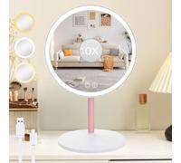 Cuteefun Miroir sur Pied Maquillage, Miroir Grossissant de Table 1X/10X, 3 Couleurs de Lumière, Luminosité RéGlable, Rotation de 90°, Idéal pour Chambre à Coucher, Coiffeuse, Salle de Bain, Rose