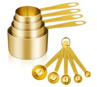 Cuteefun Set de 9 Tasses et Cuillers à Mesurer, Manche en Acier Inoxydable avec Mesures Métriques et Américaines, Finition Polie Or, Cuillere Doseuse Sèche et Liquide pour Pâtisserie, Cuisine(Or)
