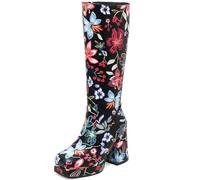 CuteFlats Bottes pour femme imprimées | Bottes design floral 10 cm Talon 2,5 cm Plateforme Party, Noir , 34 EU