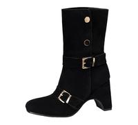 CuteFlats Bottines pour femme avec embout carré | Bottes de milieu de taille moyenne pliables avec talon bloc de 9 cm | Matériau extérieur en velours synthétique pour le quotidien et la ville, Noir