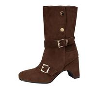 CuteFlats Bottines pour femme avec embout carré | Bottes de milieu de taille moyenne pliables avec talon bloc de 9 cm | Matériau extérieur en velours synthétique pour le quotidien et la ville, marron