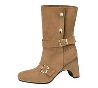 CuteFlats Bottines pour femme avec embout carré | Bottes de milieu de taille moyenne pliables avec talon bloc de 9 cm | Matériau extérieur en velours synthétique pour le quotidien et la ville, kaki